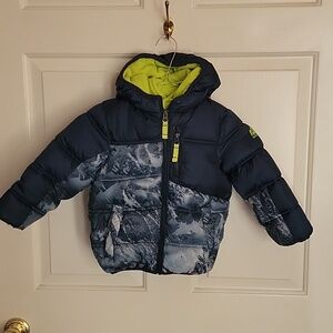 Snozu Boys hooded winter coat, size 3T, navy blue and neon green.